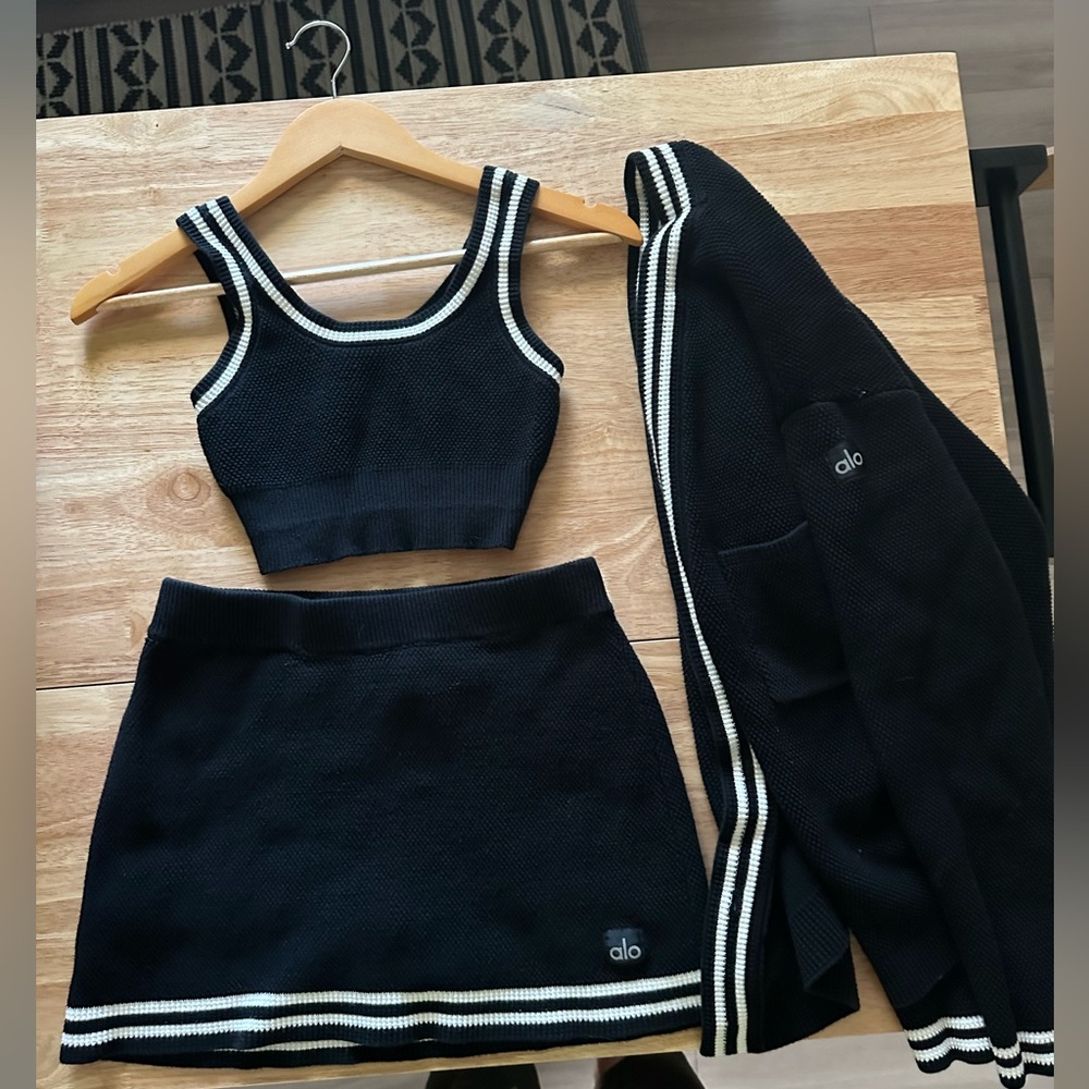ALO Tennis Club Knit Sweater, Skirt, Bra